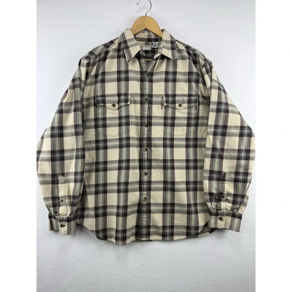 Levis Mens Large Plaid Long Sleeve Button Down Cotton Shirt Pockets‎ Western